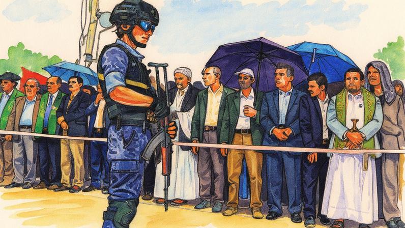 Membro das forças de segurança leais aos houthis monta guarda durante protesto pró-Palestina em Sanaa (Foto: Reprodução)