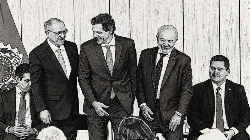 Presidente Lula, vice Geraldo Alckmin e ministro Fernando Haddad ao lado dos presidentes da Câmara e do Senado (Foto: Wilton Júnior/Estadão)
