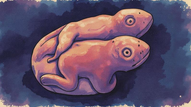 Escultura de cerâmica representando dois sapos empilhados, com detalhes que imitam características como olhos e textura da pele, em fundo escuro (Foto: Reprodução)