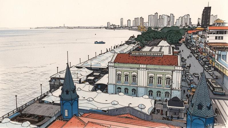 Vista aérea do mercado de peixes Ver-o-Peso, em Belém (PA), com destaque para a estrutura do mercado e a movimentação ao redor (Foto: Reprodução)
