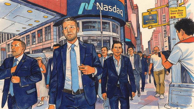 Eric Trump, filho do presidente dos EUA, Donald Trump, do lado de fora do prédio da Nasdaq após tocarem o sino de abertura para celebrar o fechamento da oferta de US$ 1,5 bilhão da empresa ALT5 (Foto: Spencer Platt - 13.ago.25/Getty Images via AFP)