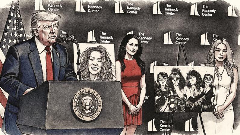 O presidente dos EUA, Donald Trump (à esquerda), anuncia os indicados para o Kennedy Center Honors anual, a cantora Gloria Gaynor e os membros da banda de rock Kiss, durante um evento no Kennedy Center em 13 de agosto de 2025, em Washington, DC. Espera-se que Trump anuncie os primeiros indicados do Kennedy Center Honors anual desde que assumiu o controle do conselho do centro no início deste ano. (Foto: Andrew Harnik/Getty Images)