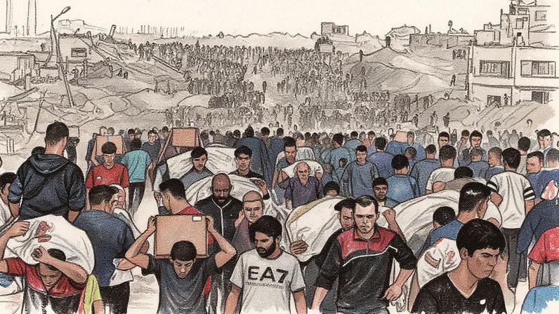 Palestinos carregam pacotes de alimentos doados enquanto outros correm em direção a um ponto de distribuição na Cidade de Gaza (Foto: Saher Alghorra/The New York Times)