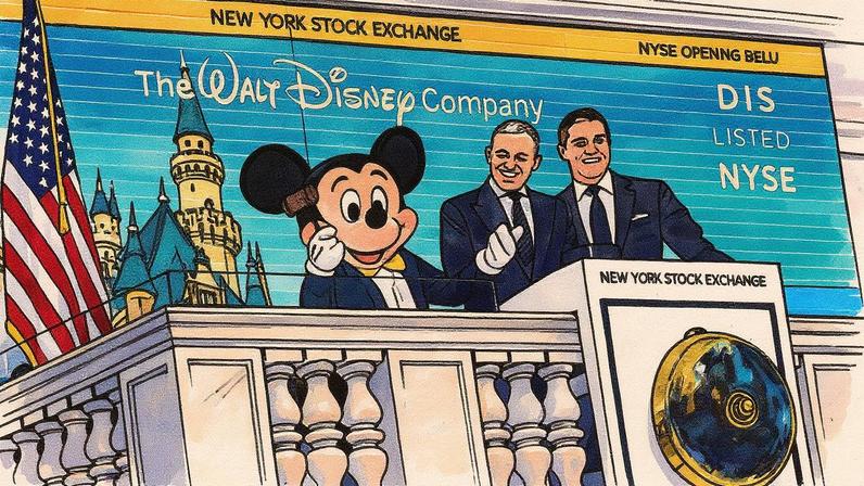 Mickey Mouse e o diretor executivo e presidente da The Walt Disney Company, Bob Iger, se preparam para tocar o sino de abertura na Bolsa de Valores de Nova York. (Foto: Drew Angerer/Getty Images)