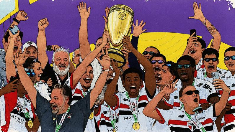 Jogadores do São Paulo comemoram título da Copinha no Estádio do Pacaembu em março (Foto: Ettore Chiereguini - 25.jan.2025/Folhapress)