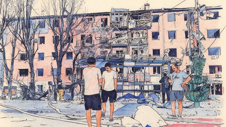 Residentes em Zaporiyia próximos a uma casa destruída após um ataque aéreo (Foto: Reprodução)