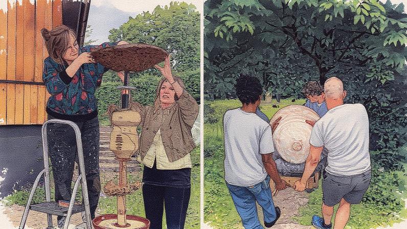 Dia de instalação na exposição de esculturas de 2025 no The Hide, em Gloucestershire—parte do Site Festival ao redor dos Vale de Stroud—com as artistas Jessica Akerman (extrema esquerda) e Andrea V.Wright (segunda à esquerda) montando uma peça no jardim (Foto: The Hide)