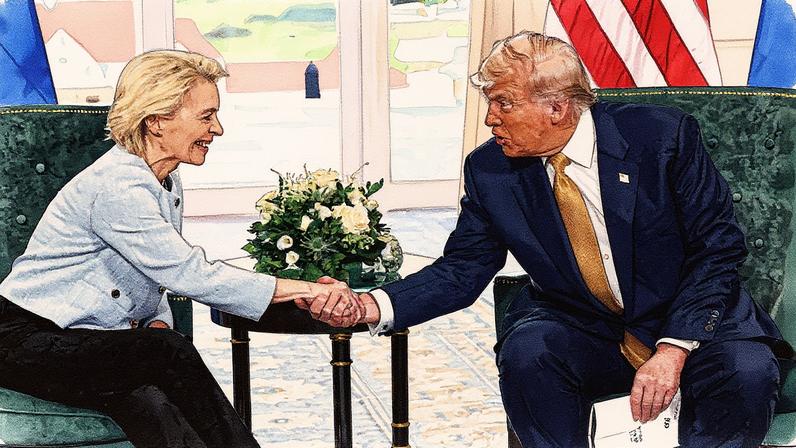 Ursula Von der Leyen e Donald Trump anunciaram o novo acordo arancelário entre a UE e os EUA, no dia 27 de julho, em um campo de golfe propriedade do magnata na Escócia. (Foto: Evelyn Hockstein/REUTERS)