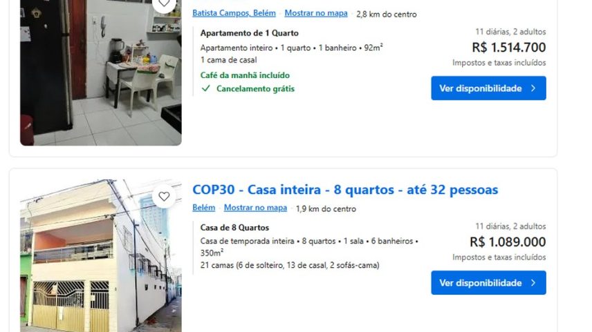 Exemplo de hospedagens em Belém para o período da COP30 (Foto: Reprodução)