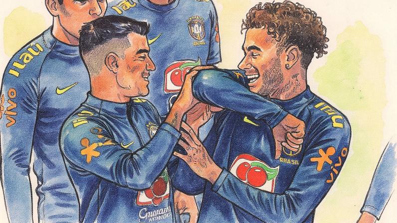 Philippe Coutinho e Neymar em treino da seleção brasileira em 2018 (Foto: Oli SCARFF/AFP)