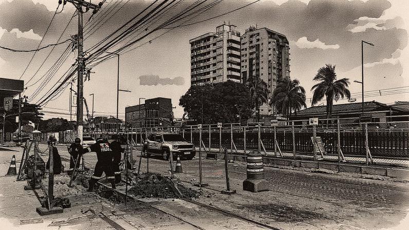 Obras na avenida Almirante Tamandaré, em Belém, uma das ruas para a qual foi contratado para pavimentação um consórcio que envolve duas empresas investigadas (Foto: Alexa Salomão - 31.mai.25/Folhapress)