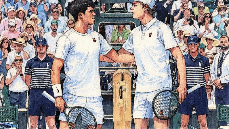 Carlos Alcaraz e Janik Sinner em Wimbledon (Foto: Julian Finney/Getty Images)