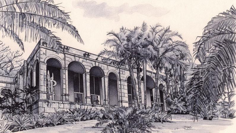 A fachada do estúdio de Burle Marx procede de um edifício neoclássico demolido na década de 1970 e reinstalado anos depois. (Foto: Sítio Roberto Burle Marx/SRBM, unidade especial do Instituto Nacional do Patrimonio Histórico e Artístico/IPHAN)