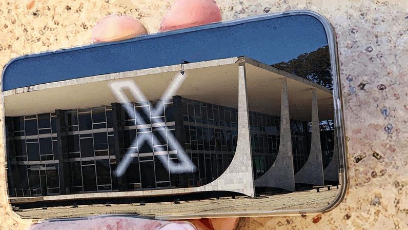 Logo da rede social X exibida em celular com reflexo do prédio do STF em Brasília, em imagem ilustrativa (Foto: REUTERS/Ueslei Marcelino)