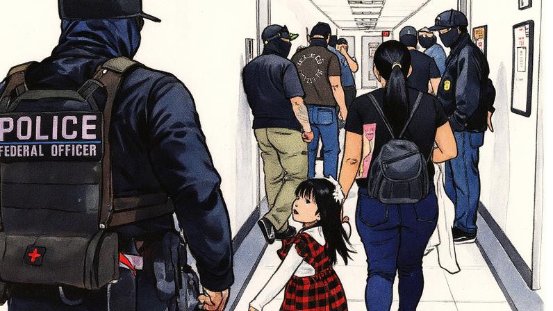 Uma mulher e sua filha chegam a uma audiência enquanto agentes federais patrulham os corredores fora de um tribunal de imigração em Nova York (Foto: Charly Triballeau/AFP)