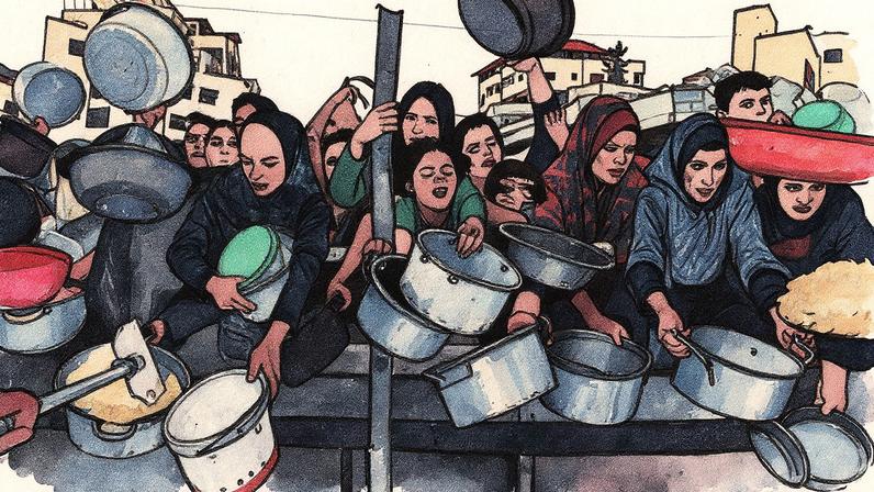 Mulheres e meninas palestinas se esforçam para receber arroz cozido de uma cozinha beneficente na Cidade de Gaza (Foto: Omar AL-QATTAA / AFP)