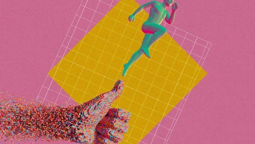 Polegar para cima pixelado e pessoa correndo - Sarah Rogers/MIT Technology Review | Getty Images (Foto: Sarah Rogers/MIT Technology Review | Getty Images)