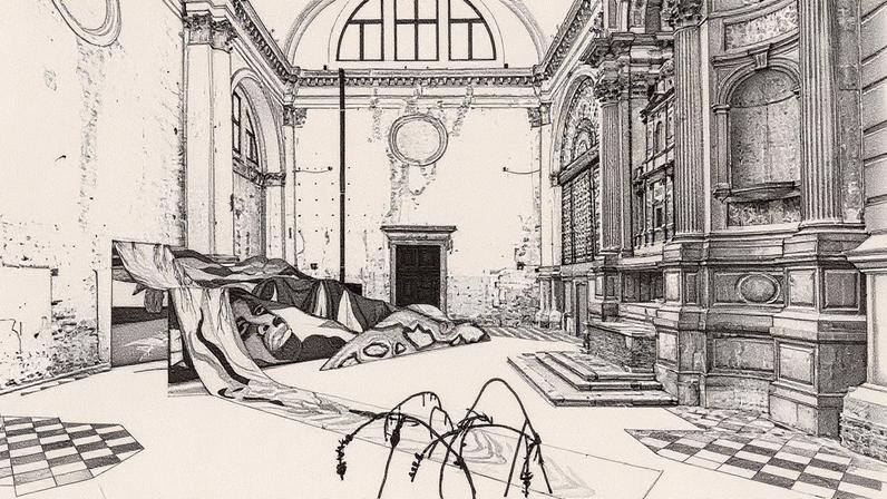Tessa Mars, um chamado para o oceano, 2025. Visão da exposição otras montañas, las que andan sueltas bajo el agua [outras montanhas, à deriva sob as ondas], Ocean Space, Veneza, Itália. Comissionada pela TBA21–Academy (Foto: Jacopo Salvi)
