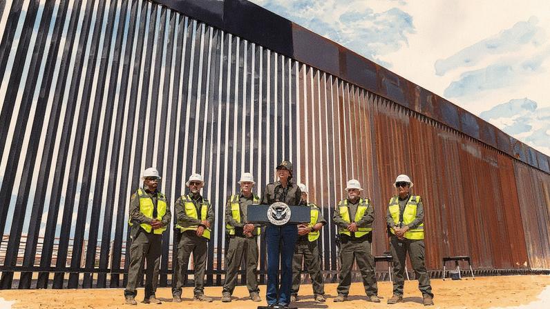 Kristi Noem, no muro fronteiriço entre o México e os Estados Unidos, em 20 de agosto. (Foto: Homeland Security)