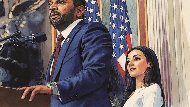 Alexis Wilkins observa seu namorado, Kash Patel, enquanto ele fala após ser empossado como o novo Diretor do FBI pelo Procurador-Geral dos EUA, Pam Bondi, no Edifício Executivo Eisenhower na Casa Branca (Foto: Reprodução)