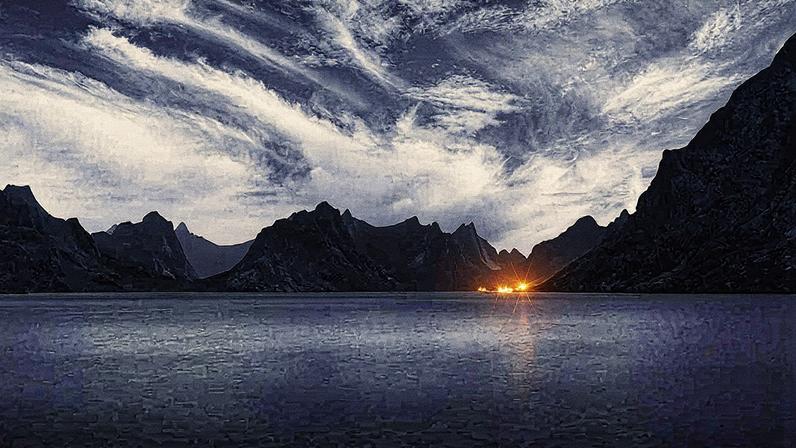 As águas em ascensão (acima) foram criadas por Michael Najjar ao reconstruir dezenas de fotografias de modo que a linha do pico das montanhas corresponda ao gráfico do aquecimento global, rastreando as temperaturas de 1850 à esquerda até as projeções de um aumento de 4°C em 2100 à direita extrema. (Foto: Cortesia do artista)