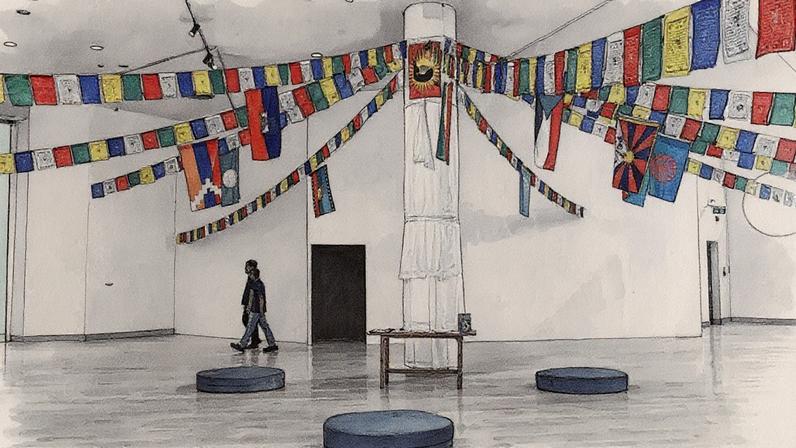 Instalação de arte do artista tibetano Tenzin Mingyur Paldron. As bandeiras tibetana e uigur foram removidas posteriormente. (Foto: Constellation of Complicity)