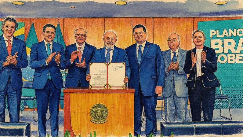 Presidente Luiz Inácio Lula da Silva durante cerimônia de assinatura da Medida Provisória “Brasil Soberano” ao lado dos ministros Fernando Haddad, Geraldo Alckmin, Mauro Vieira e Gleisi Hoffmann, além dos chefes do Congresso Hugo Motta e Davi Alcolumbre - 13/08/2025 (Foto: Ricardo Stuckert / PR/Divulgação)