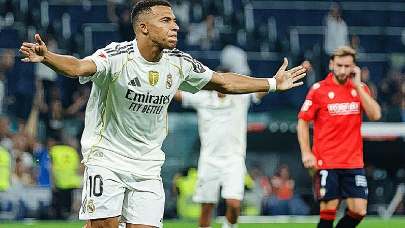 Mbappé comemora após marcar para o Real Madrid sobre o Osasuna (Foto: EFE/Mariscal)