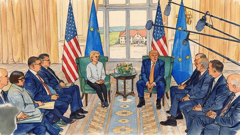 Trump afirmou que a energia eólica é uma 'fraude' em reunião com Ursula von der Leyen, presidente da Comissão Europeia, na Escócia, no mês passado. (Foto: Tierney L. Cross/NYT)