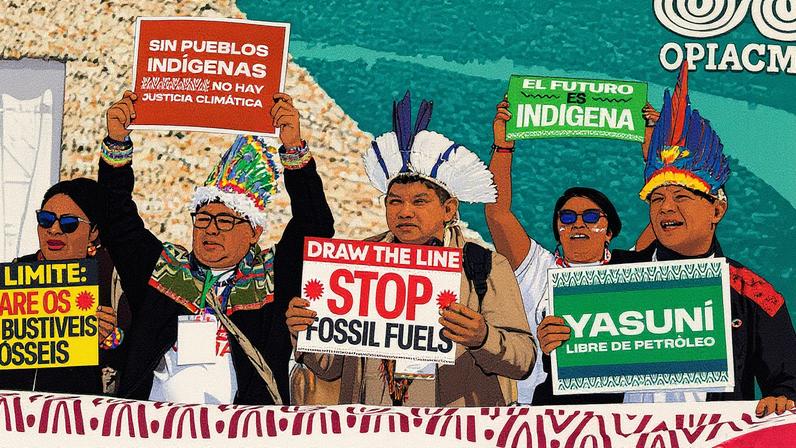 Líderes indígenas da Amazônia protestam na Cúpula Presidencial da Organização do Tratado de Cooperação Amazônica, em 20 de agosto de 2025. (Foto: Fernando Vergara/AP)