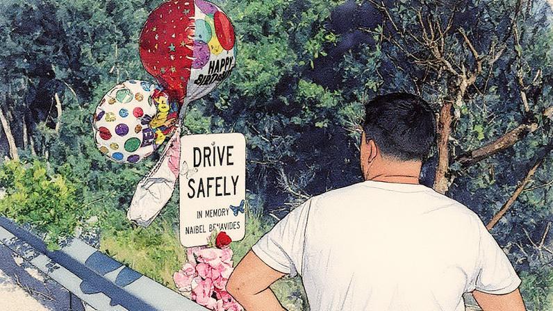 Dillon Angulo, 33 anos, observa uma placa memorial na estrada com a inscrição "Dirija com segurança em memória de Naibel Benavidez", ao lado do local de um acidente de carro em que um motorista de Tesla usando o Autopilot a matou e o deixou gravemente ferido em 2019, em Key Largo, Flórida (Foto: Reprodução)