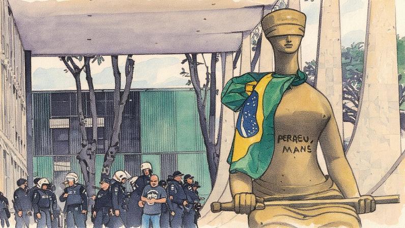Estátua 'A Justiça', de Alfredo Ceschiatti, pichada em frente à sede do STF em Brasília (Foto: Reprodução)
