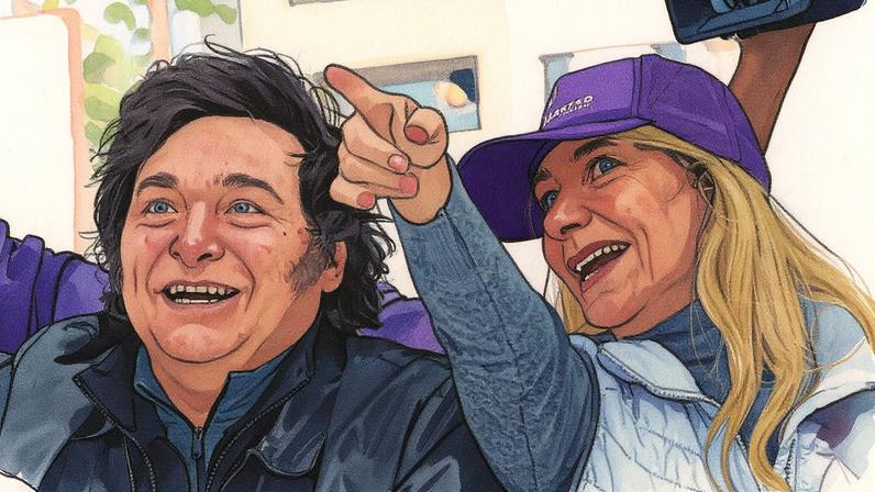 Javier e Karina Milei em um mitin de La Libertad Avanza, em Buenos Aires (Foto: Reprodução)