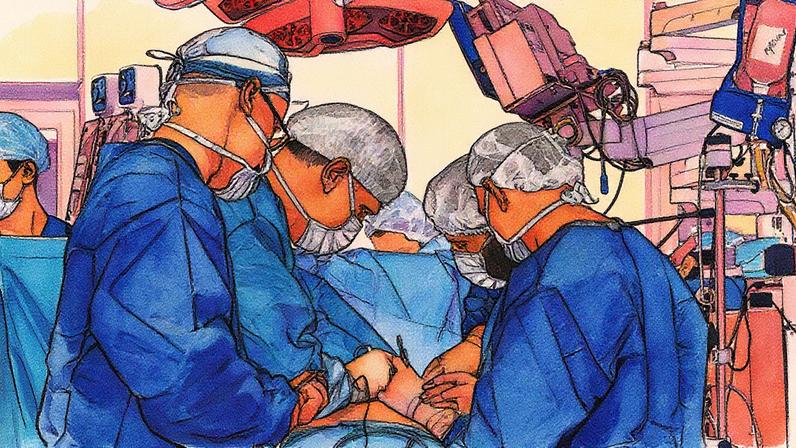 Transplante de pulmão realizado em mesa de cirurgia, com o corpo do paciente iluminado por um foco de luz onde o cirurgião realiza as incisões, observado pelos assistentes; toda a equipe usa aventais azuis, máscara facial e toucas brancas (Foto: USP Imagens)