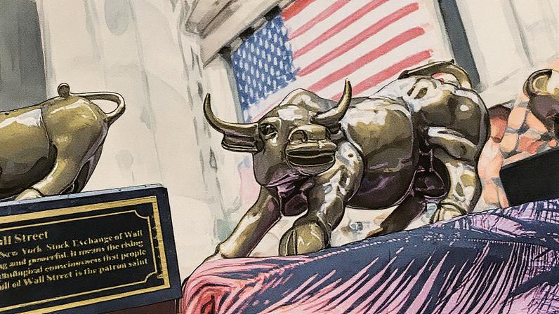 Uma pequena réplica da estátua do Touro de Wall Street é vista em uma barraca de vendedor ambulante do lado de fora da Bolsa de Valores de Nova York em 11 de julho de 2025. (Foto: Jeenah Moon | Reuters)