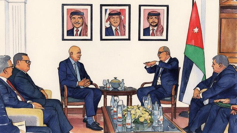 Ministro das Relações Exteriores da Jordânia, Ayman Safadi, ao centro à direita, se encontra com o Embaixador dos EUA na Turquia e Enviado Especial para a Síria, Tom Barrack, ao centro à esquerda, em Amã, Jordânia, na terça-feira, 12 de agosto de 2025. (Foto: AP Photo/Delara Shakib)