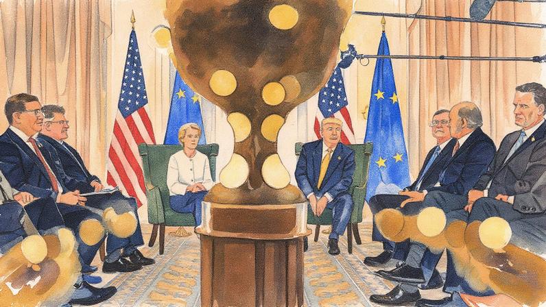 A presidente da Comissão Europeia, Ursula von der Leyen, ao lado do presidente dos Estados Unidos, Donald Trump, na Escócia para selar acordo comercial (Foto: Brendan Smialowski/AFP)