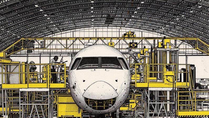 Montagem do jato E-175-E 1 no hangar da Embraer, em São José dos Campos (Foto: Eduardo Knapp - 08.jul.2022/Folhapress)