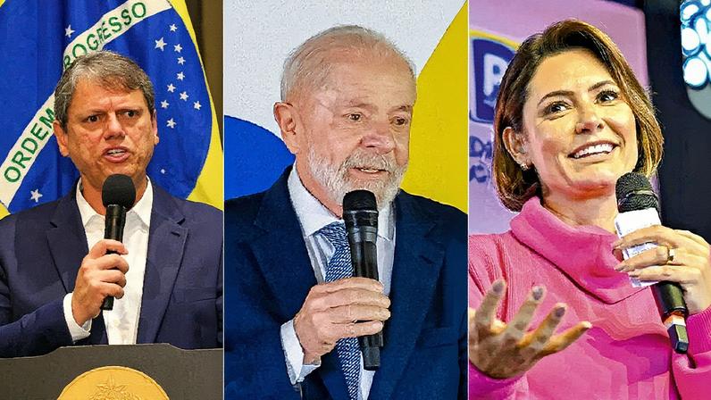 Governador Tarcísio de Freitas, presidente Lula e ex-primeira-dama Michelle Bolsonaro: disputa apertada (Foto: Reprodução)