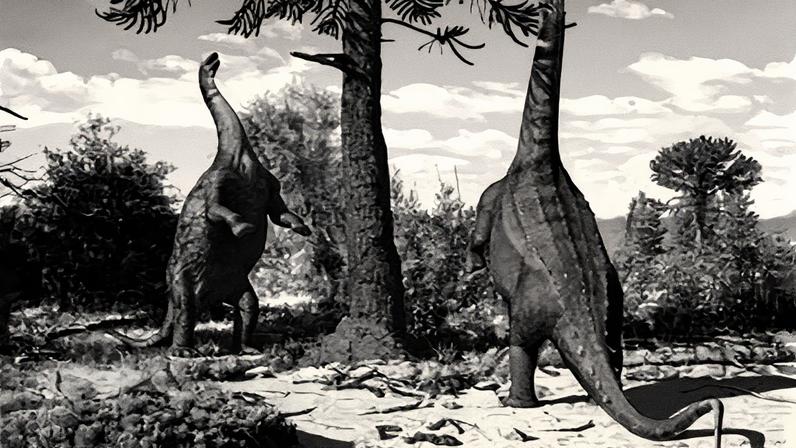 Dois Neuquensaurus se levantam sobre as patas traseiras para alcançar o alto de uma árvore. Análises computacionais apontam que espécie poderia ficar nessa posição facilmente, 66 milhões de anos atrás (ilustração: Guilherme Gehr)