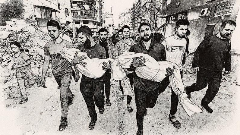 Corpos de palestinos mortos em um ataque israelense à Escola Yafa são levados para o Hospital Al-Shifa, na Cidade de Gaza. 23/04/2025 (Foto: Khames Alrefi/Anadolu/Getty Images)