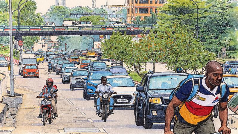 Ciclistas, motociclistas, alguns sem casco, e peatones entre os carros de Abiyán, em abril de 2025. (Foto: Tidiane Traoré)