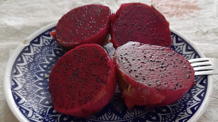 Duas metades de pitaya vermelha colocadas em um prato azul, em cima de uma toalha branca. (Foto: USP Imagens)