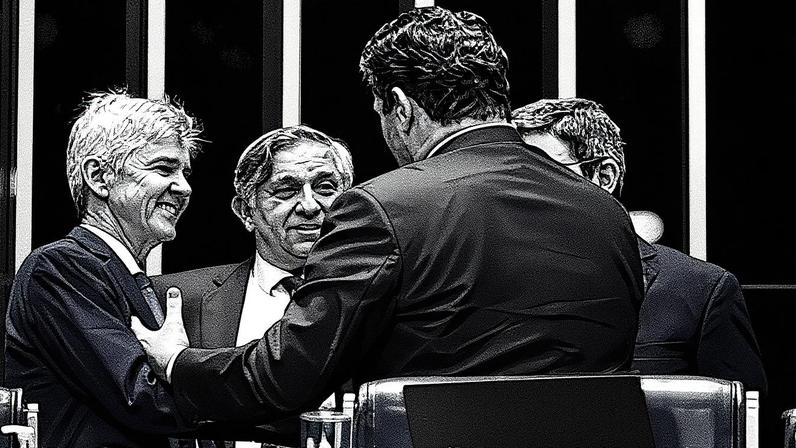 Senador Jaime Bagattoli (PL-RO) lidera a coleta de assinaturas para a CPI da 'adultização'. Investigação é apoiada por diferentes partidos, entre eles o PT, em uma rara união no Senado. Na foto, Bagattoli (esq.) conversa com os senadores Izalci Lucas (PL), Randolfe Rodrigues (PT) e Davi Alcolumbre (União). (Foto: Edilson Rodrigues/Agência Senado)