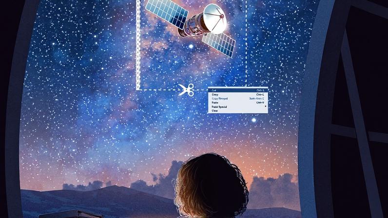 Um satélite no céu sendo removido com ferramentas de edição de fotos digitais por uma pessoa em seu laptop (Foto: ALEXANDER WELLS)
