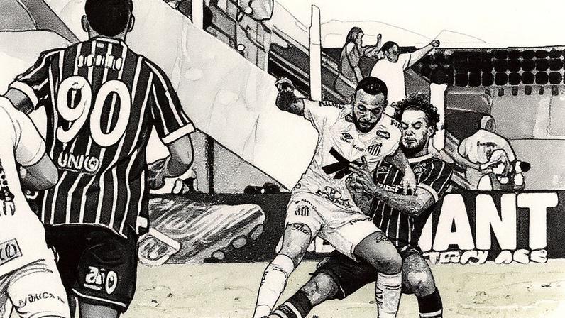 Jogador do Santos em ação durante partida contra o Fluminense no estádio Vila Belmiro pelo Campeonato Brasileiro A 2025 (Foto: Reprodução)
