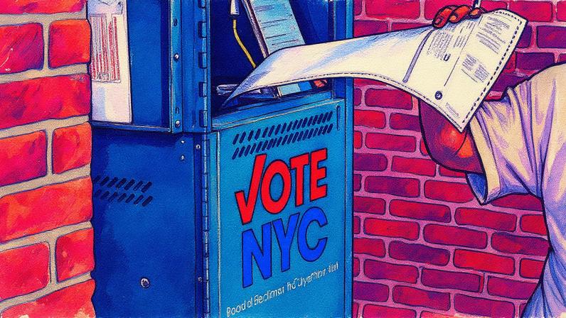 Funcionário eleitoral pega uma cédula durante a votação antecipada nas eleições primárias de Nova York, no Museu do Brooklyn, em Nova York (Foto: Eduardo Munoz - 22.jun.2025/Reuters)