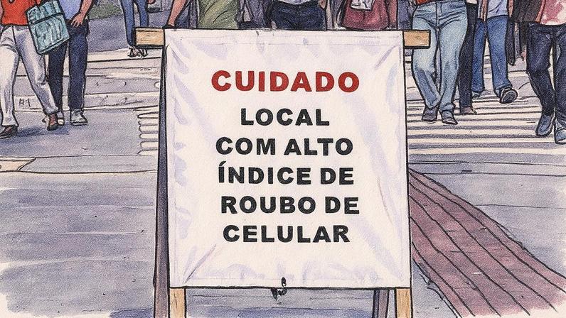 Placas de alerta sobre roubos de celulares foram colocadas próximas ao cruzamento da Avenida Faria Lima com a Avenida Rebouças, na zona oeste de São Paulo. (Foto: WERTHER SANTANA/ESTADAO)