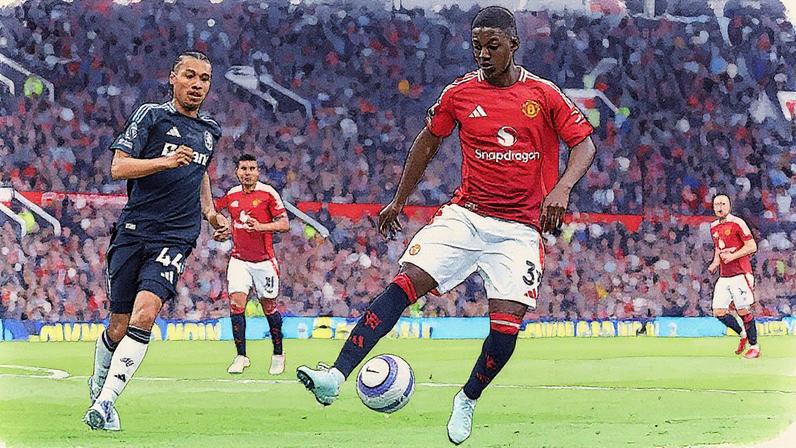 Kobbie Mainoo do Manchester United durante a partida da Premier League entre Manchester United FC e Aston Villa FC no Old Trafford em 25 de maio de 2025, em Manchester, Inglaterra. (Foto: Alex Livesey | Getty Images)