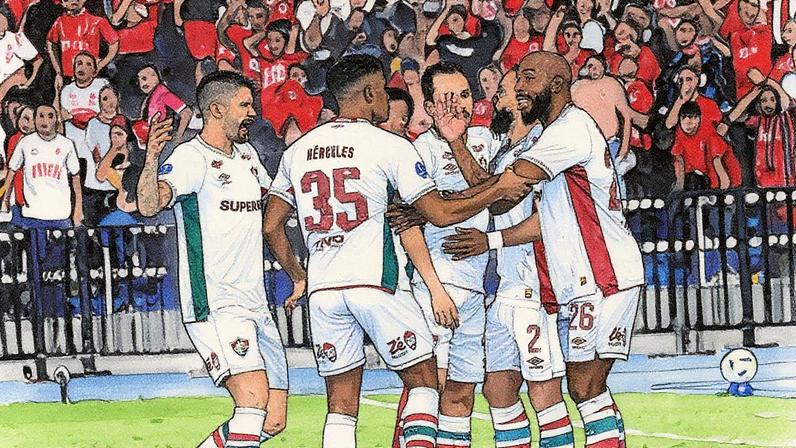 Jogadores do Fluminense celebram gol em partida contra o América de Cali, pela Copa Sul-Americana. (Foto: Oswaldo Paez/AFP)